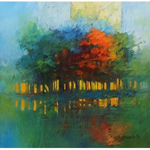 Saeed Kureshi, Autumn Night, 24 x 24 Inch, Oil on Canvas, Abstract Painting, AC-SAKUR-010
